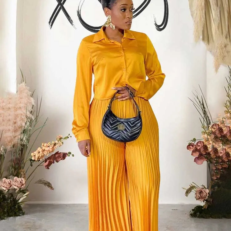 2 Piece Sets Women Outfit Luxury Elegant Autumn Long Sleeve Button Top and Pleated Pants Set Casual Ladies Clothes Plus Size