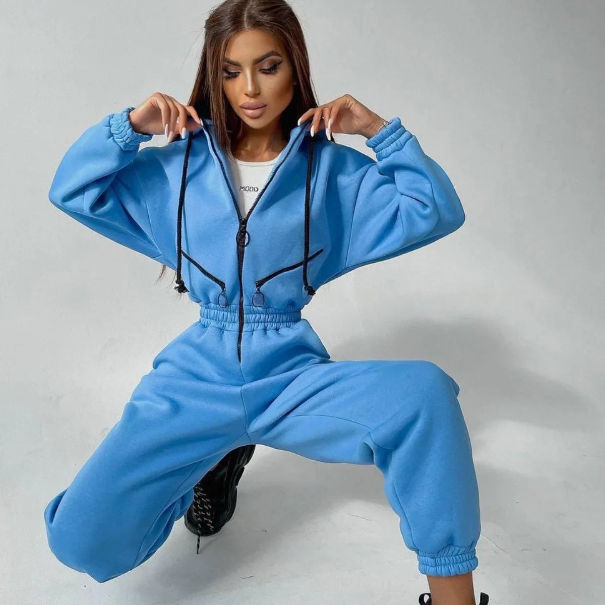 LKF New Sports and Casual Women's Jumpsuit Hooded Zipper Cardigan Solid Color Street Trendy Jumpsuit Wholesale blue