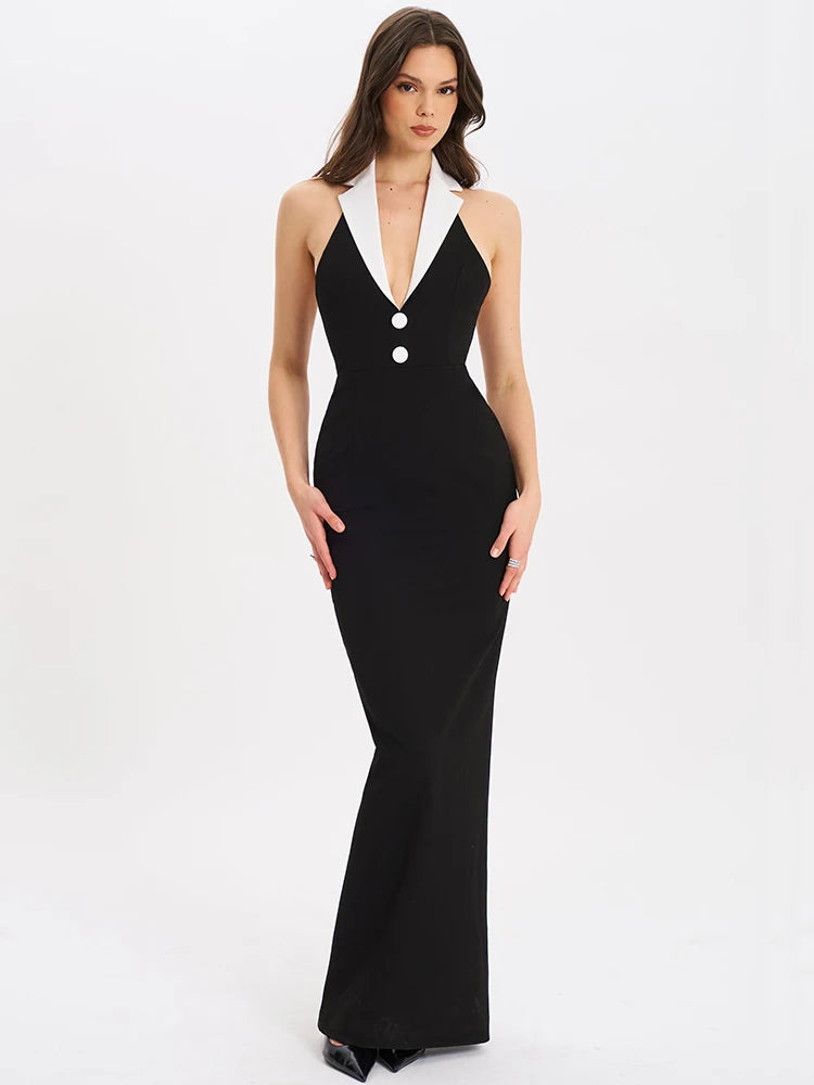 Mozision Halter Backless Sexy Maxi Dress For Women Gown Contrast Color Notched Collar Sleeveless Bodycon Club Party Tank Dress black