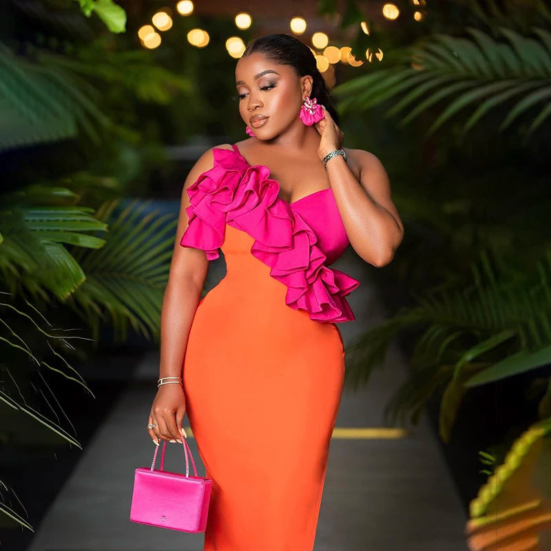 2023 New Fashion Orange Color Women Sleeveless Sexy V-Neck Ruffles Bodycon Mid-calf Bandage Dress Birthday Celebrate Party Dress Orange