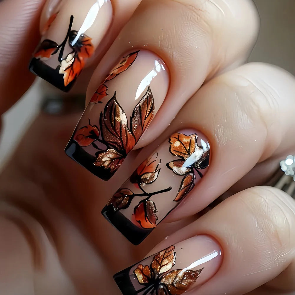 24pcs Green Fields Press on False Nail with Glue Glitter French Square Fake Nail Full Cover Nature Design Wearable Manicure Nail 2