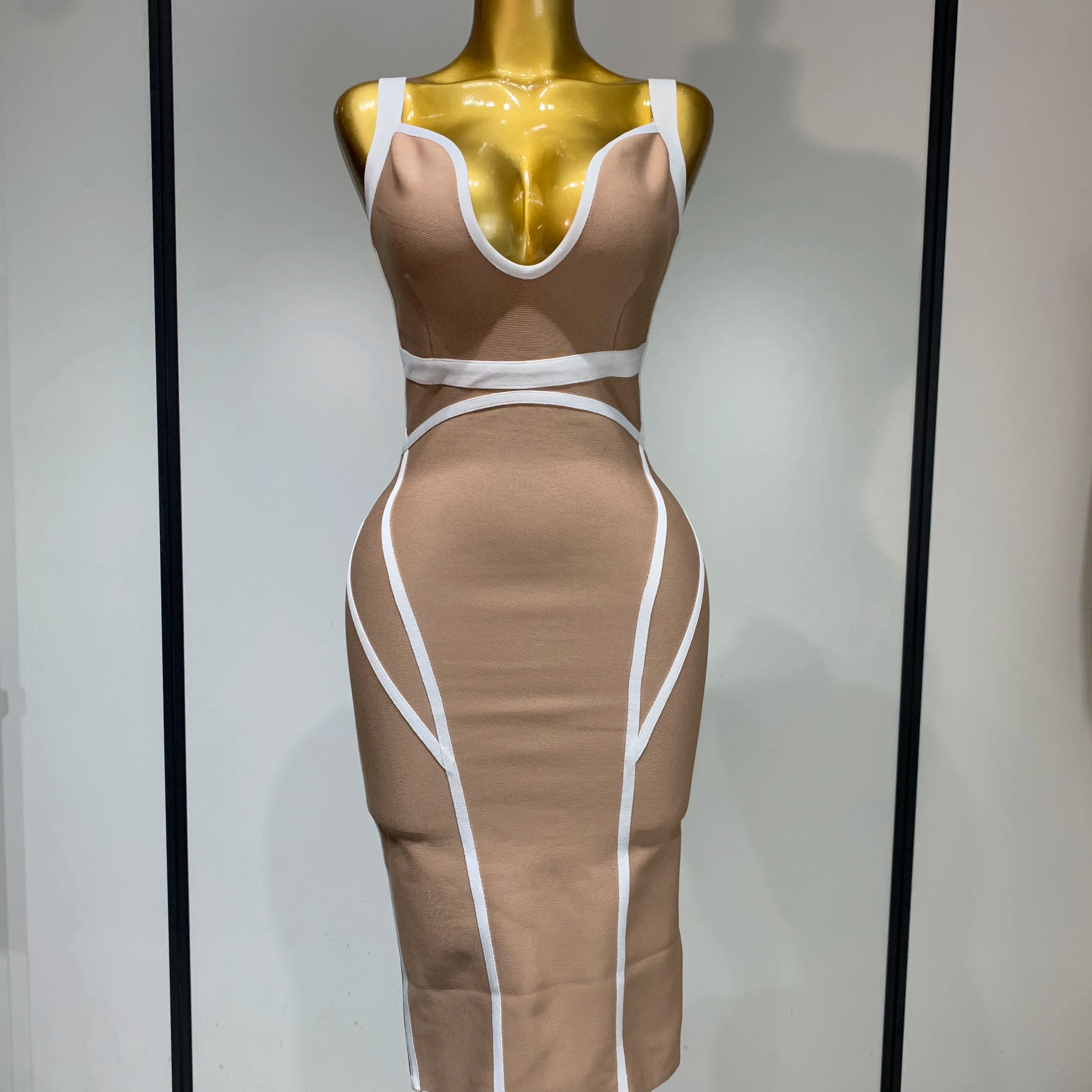 Women Sexy V Neck Striped Midi Bandage Bodycon Dress 2025 Celebrity Elegant Evening Club Party Luxury Birthday Outfit Khaki