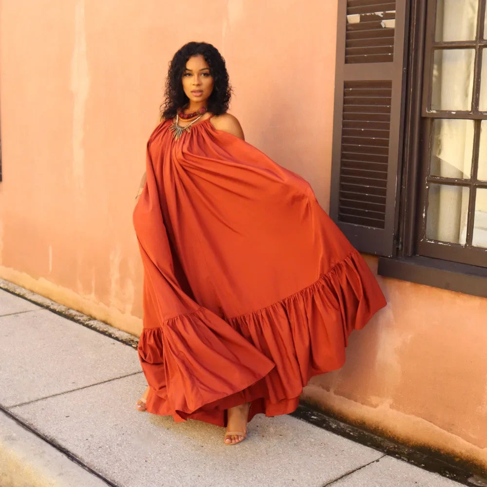 CMYAYA Women Summer Long Maxi Dress Sexy Sleeveless Strap Loose Beach Party Night Club Bandage Female S-5XL Dresses Vestido Brown