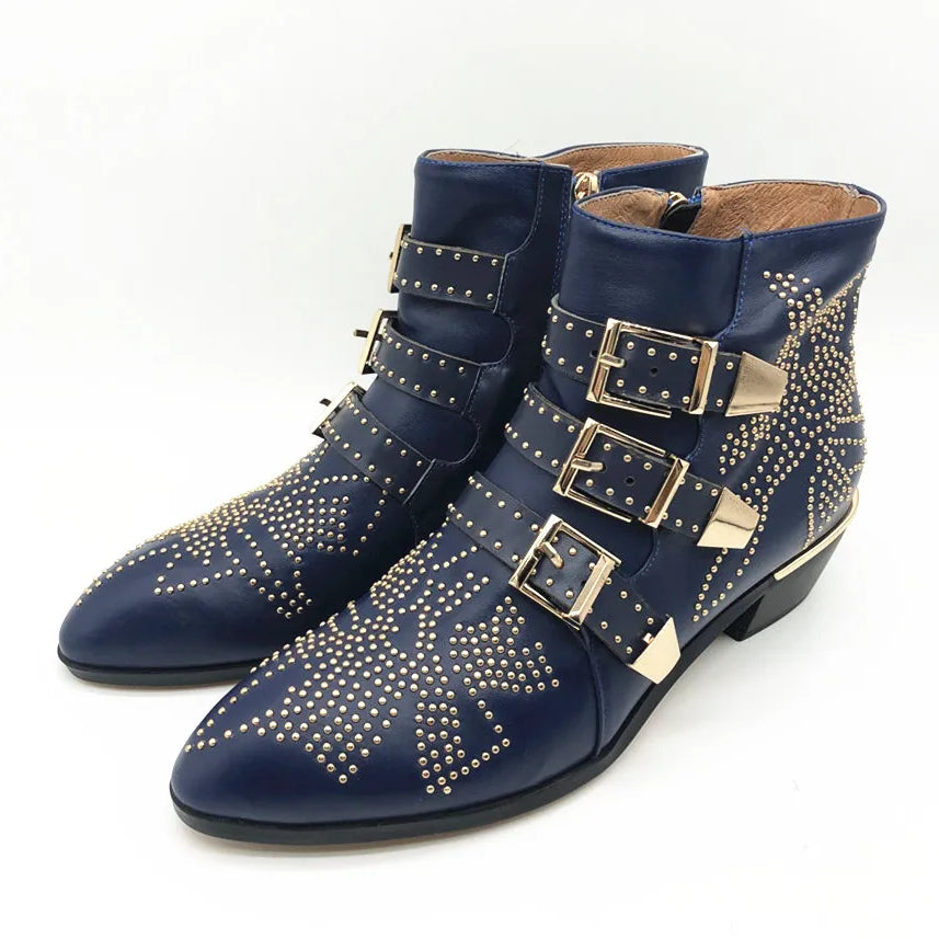 Women's Ankle Boots Rivet Flower Susanna Studded Cowboy Boots Genuine Leather Luxury Shoes Ladies Botines Mujer blue leather Gold