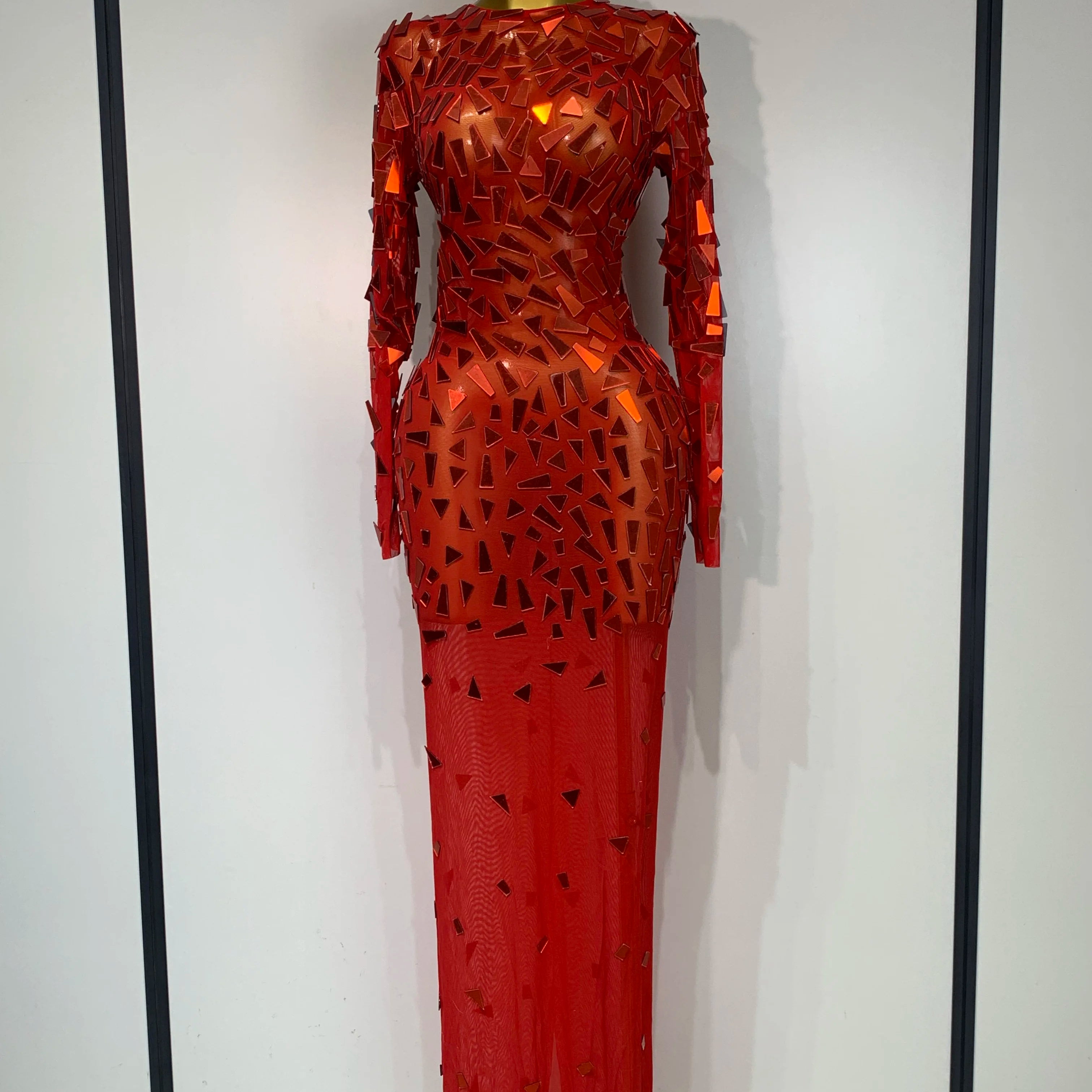 Sparkly Sequin Red Long Dress Luxury Birthday Celebrate Wedding Evening Prom Clothing Sexy Mesh See Through Strech Evening Gown Red