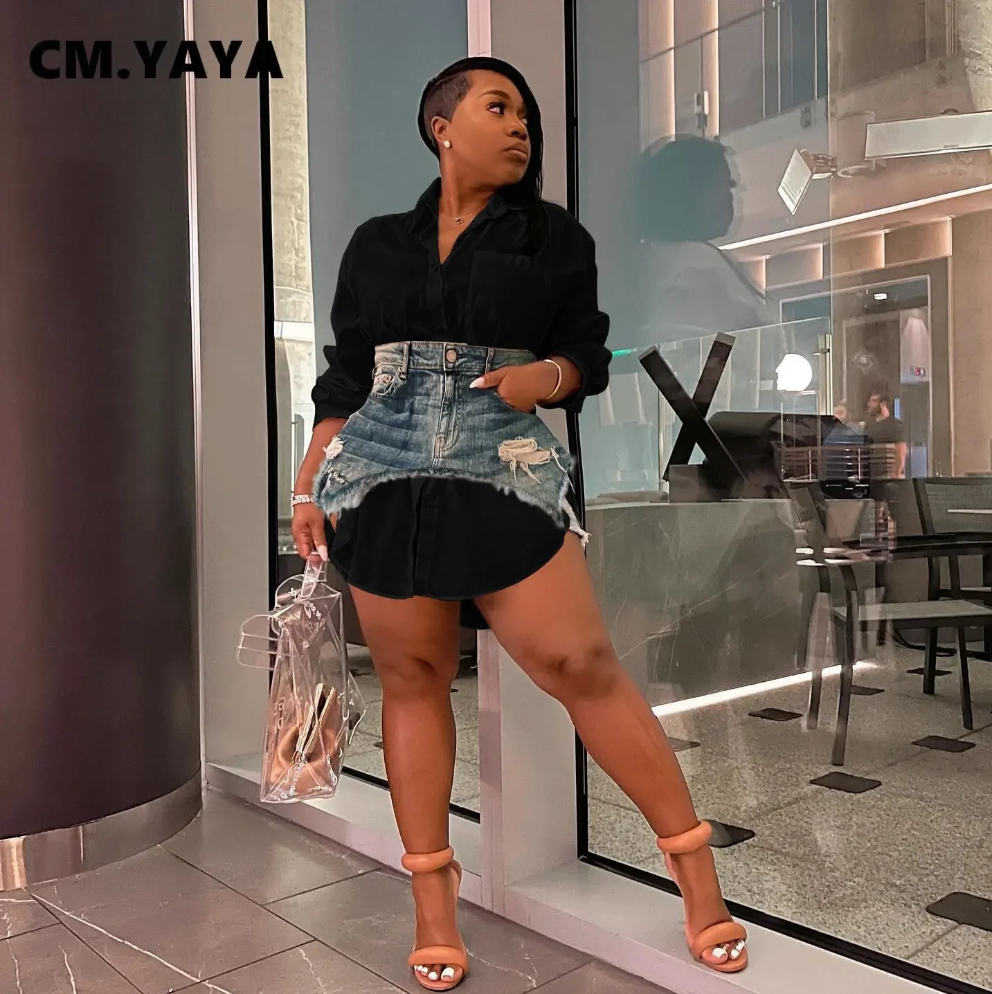 Vintage Women Long Sleeve Turn-down Collar Shirt Blouse Style Dress with Denim Jean Irregular Mini Skirt Two 2 Piece Set