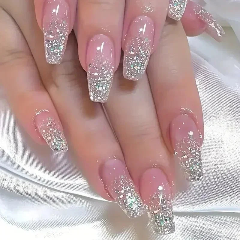 24Pcs False Nails French Gradient Ballet Fake Nails Press on Nails Black Heart Rhinestone Design Glitter Full Cover Nail Tips 13