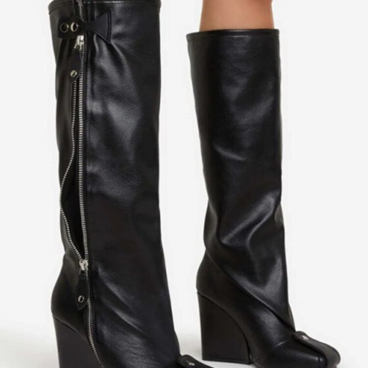 Punk Fan Motorcycle Boots Wome's Zipper Thick Sole Knee High Boots European and American Trend Nightclub Party black