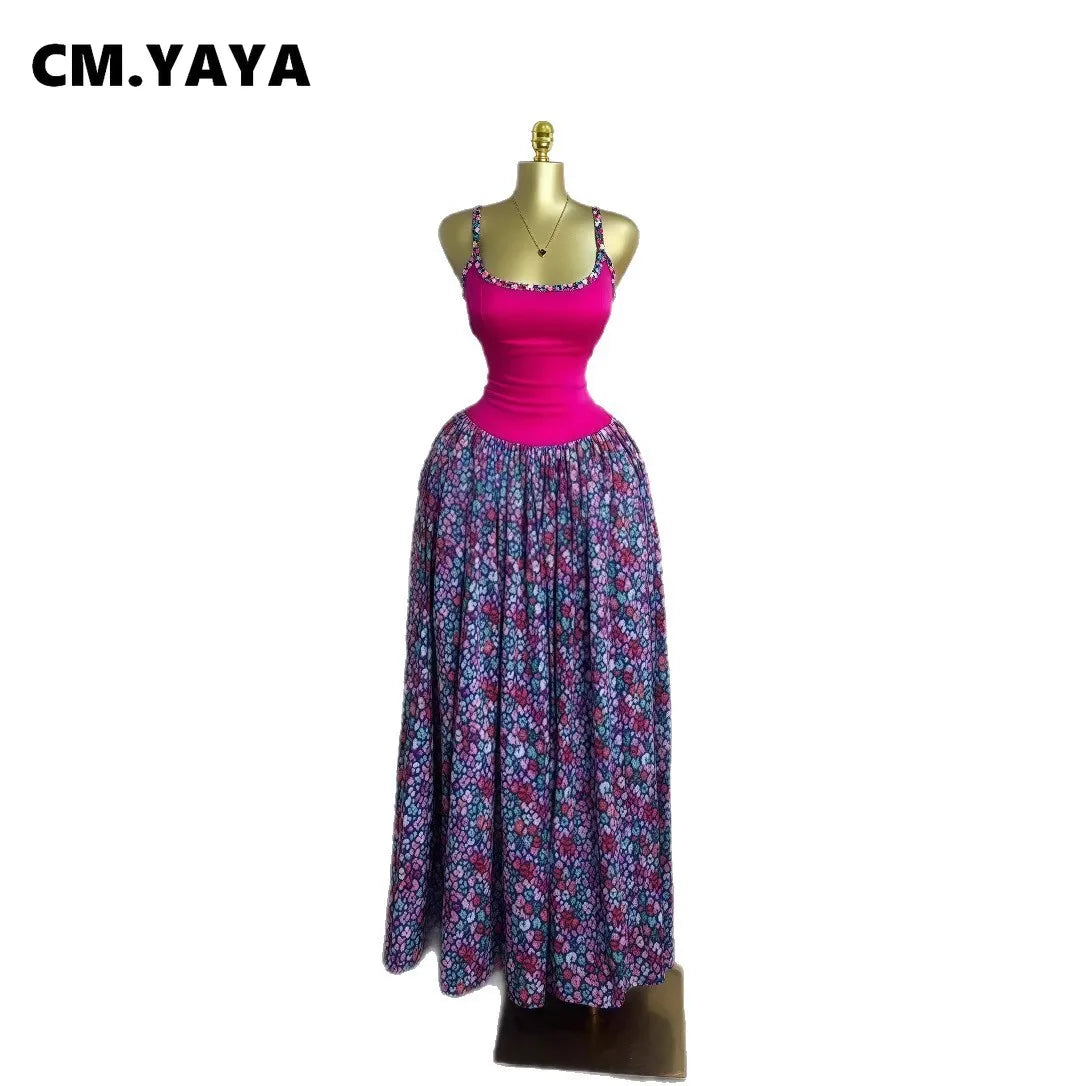 CM.YAYA Women Floral Printed Patchwork Strap Tank Maxi Long Dress 2025 Summer Beach Birthday Sexy Club Party Evening Dresses