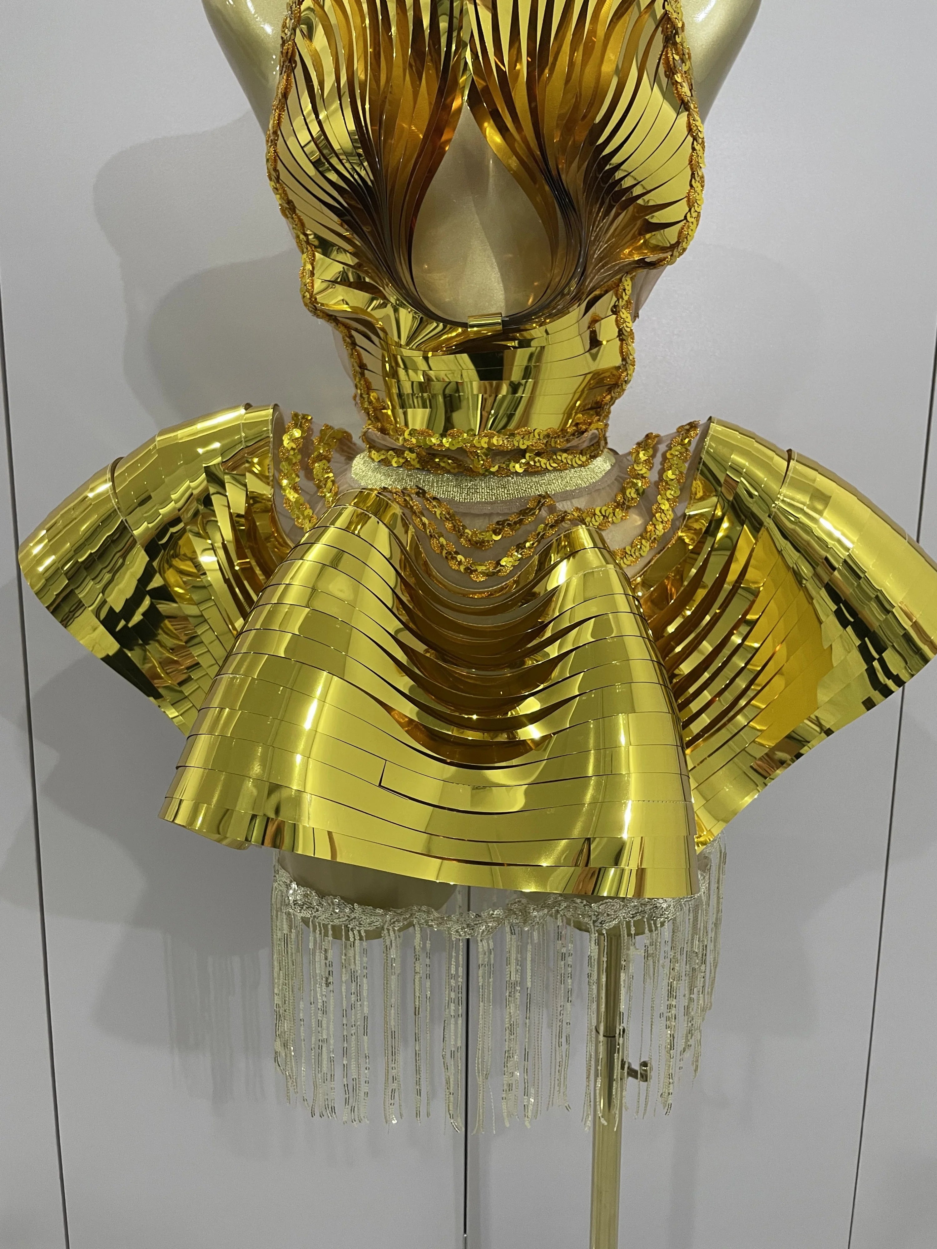 STOCK Shiny Gold Mirrors Sexy 2 Pieces Mini Dress 2025 Women Celebrate Birthday Party Performance Stage Costume Festival Wear