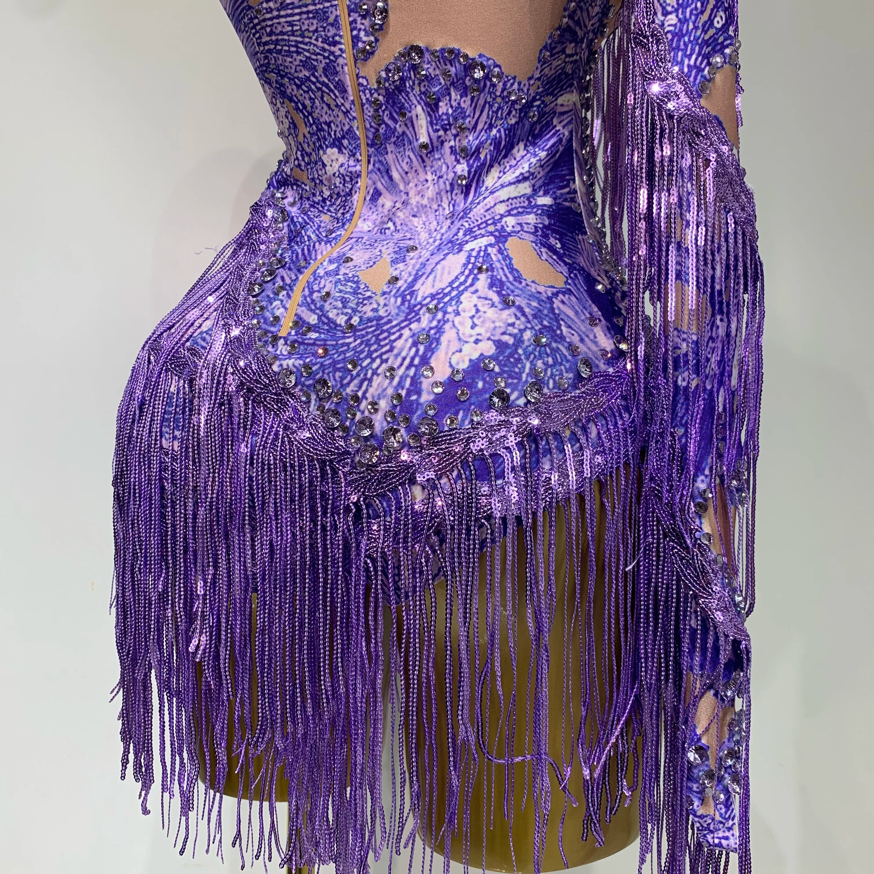 Sexy Sparkly Purple Rhinestones Tassel One Shoulder Sleeve Mini Dress Evening Party Birthday Nightclub Stage Performance Outfit