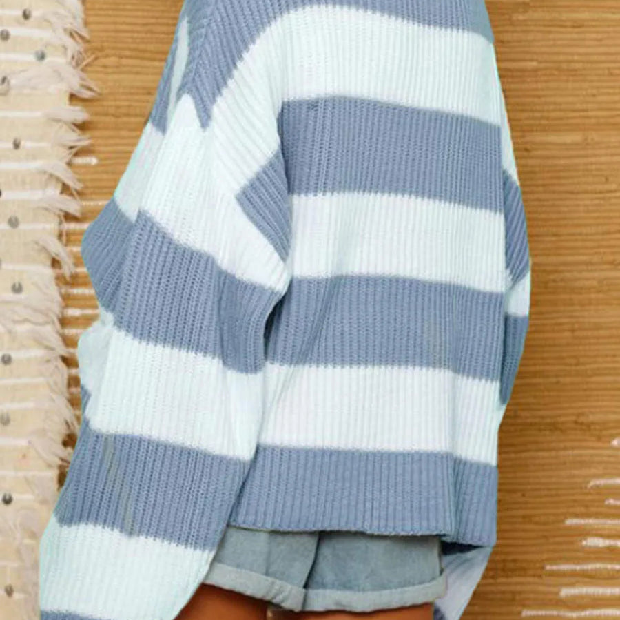 Women Stripe Print Cable Knit Round-Neck Long Sleeve Sweaters Fall Winter Loose Sweater Thick Cozy Chunky Knitwear