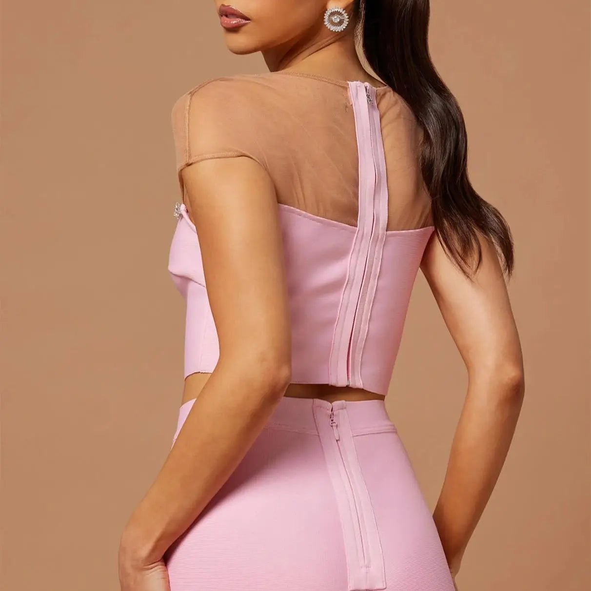 New Fashion Pink Color Women Sexy Mesh Crystal Tops Bandage Pants 2 Pieces Bodycon Set High Street Evening Party Set