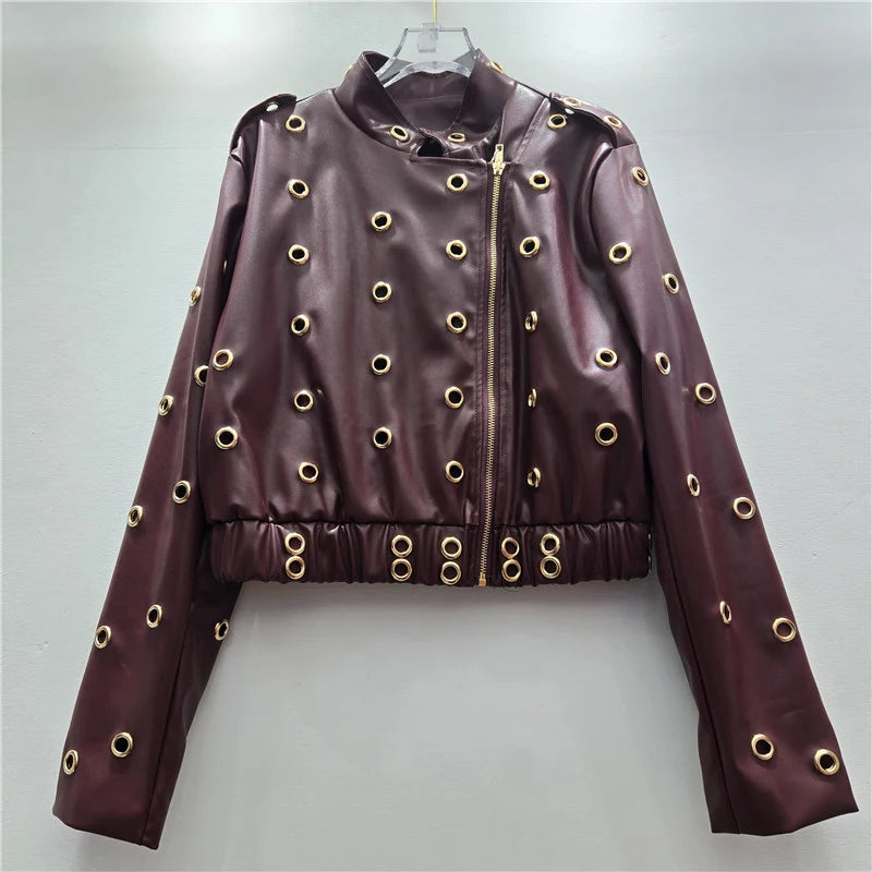Autumn Winter New Fashion Hollow Metal Circle Stand Collar Zipper Long Sleeve Leather Jacket For Women Trendy 11A07639 Wine One Size