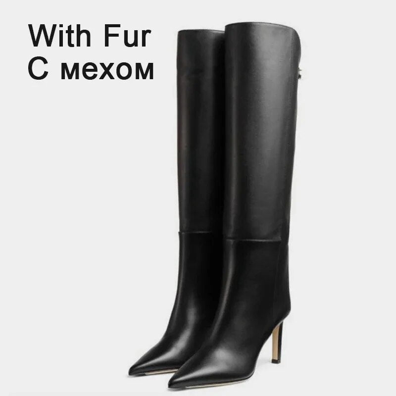 Size 34-43 Women Knee High Boots Luxury Brand Sexy Super High Heels Shoes For Women Winter 2024 Leather Long Boots black with fur