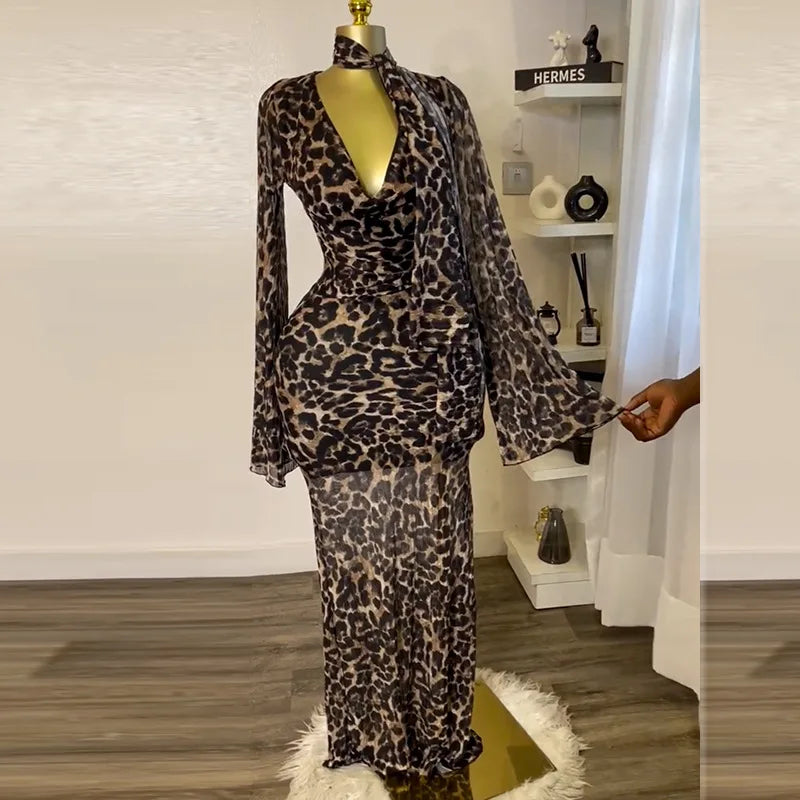 Women Full Sleeve Pile Collar leopard print Long Maxi Dress Holiday Beach Birthday Evening Sexy Party Dresses Vestidos Long leopard print