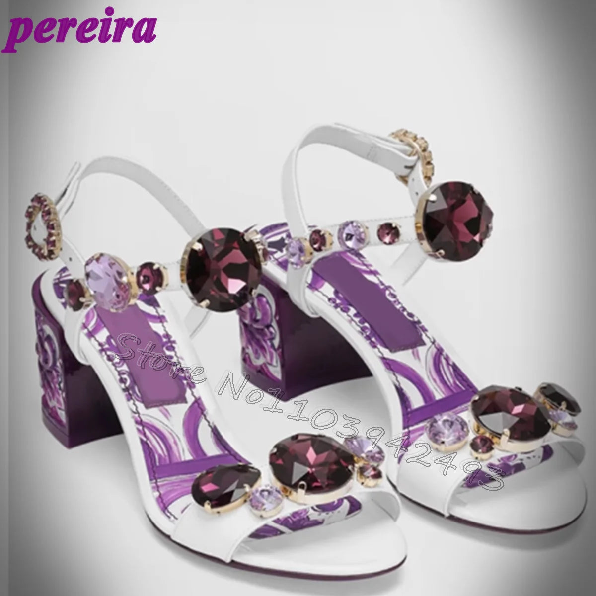 Purple Floral Heeled Sandals Gemstone Heels Women Luxury Designer Shoes Summer Square Heel Buckle Strap Shoes Elegant Sandalias purple 10cm