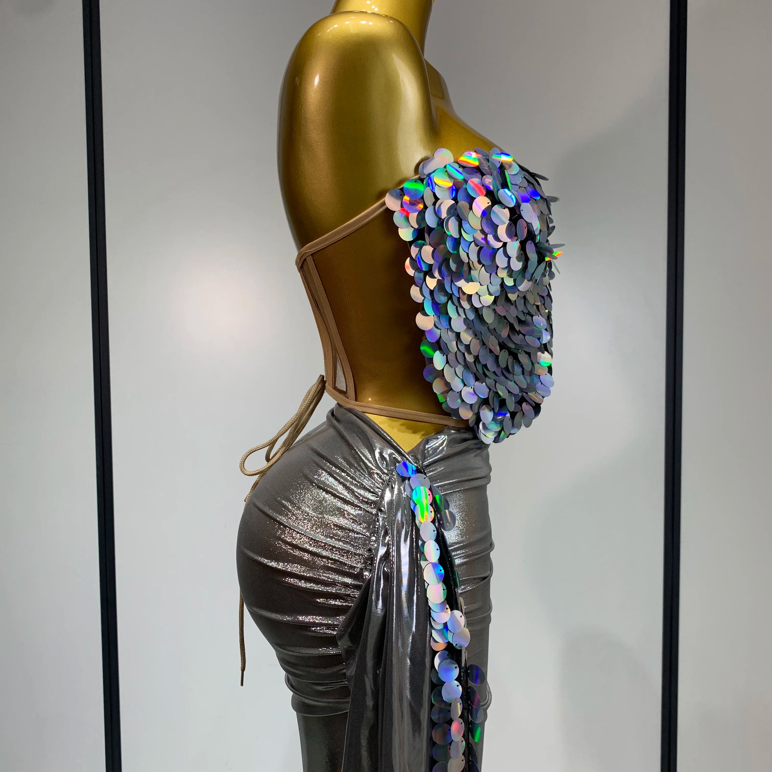 Women Sexy Strapless Sequin Glitter Two Pieces Set Celebirty Elegant Luxury Birthday Evening Party Nightclub Singer Stage Outfit