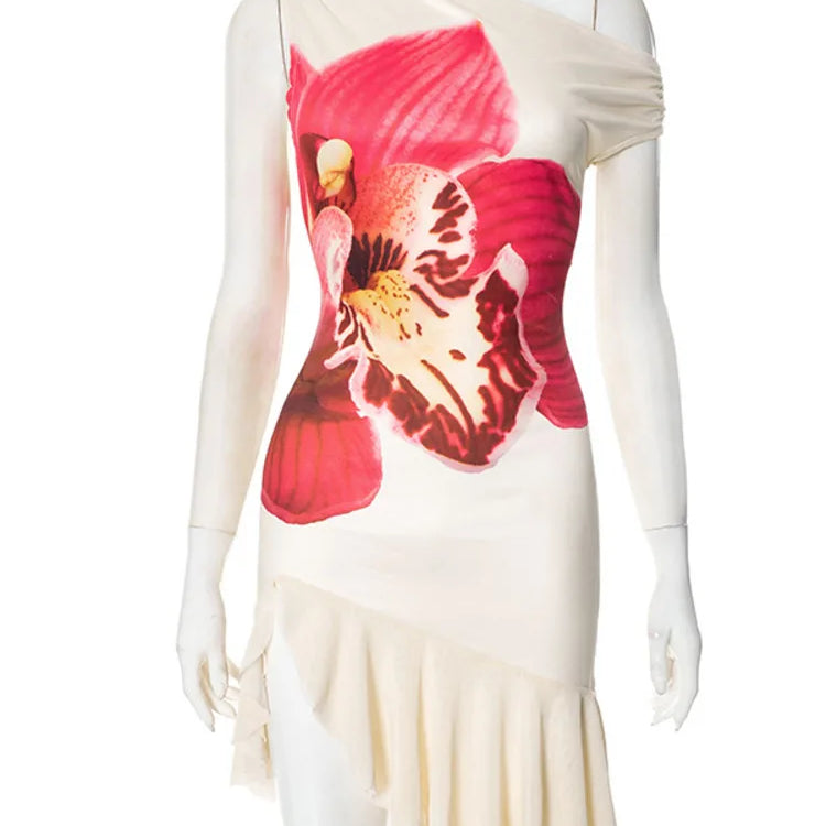 Mozision Skew Collar Ruffled Print Sexy Mini Dress For Women Off-shoulder Sleeveless Backless High Waist Printed Dress Vestido