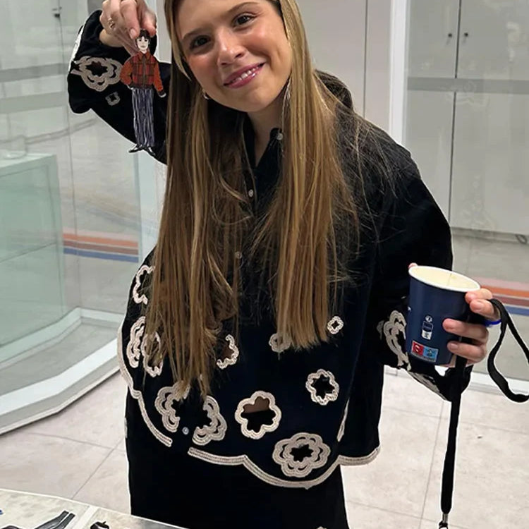 Chic Hook Flower Hollow Out Women's Lace Pants Set Retro Lapel Long Lantern Sleeve Shirt Suit New Lady Party Elegant Outfit