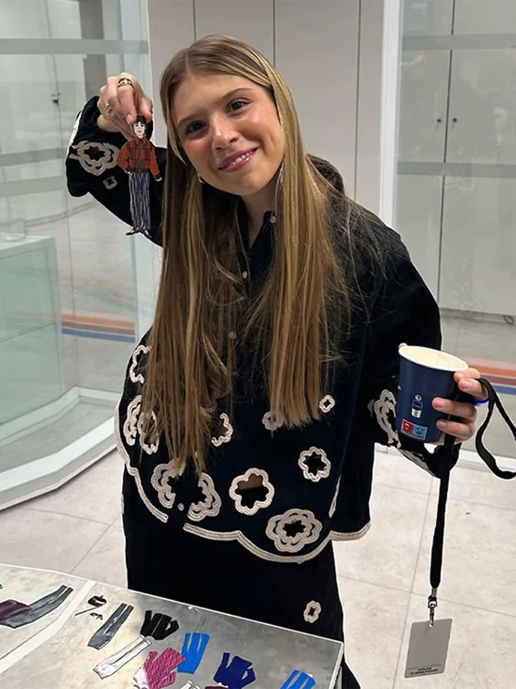 Chic Hook Flower Hollow Out Women's Lace Pants Set Retro Lapel Long Lantern Sleeve Shirt Suit New Lady Party Elegant Outfit