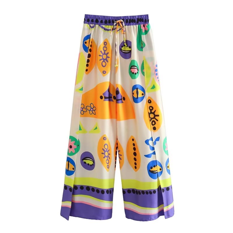 Woman Shirts Pants Sets 2024 New Summer Geometric Print Loose Long sleeved Shirts Fashion Elastic Waist Wide Leg Pants Outfits Pants-Multi