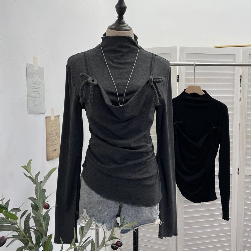 DEAT 2026 Spring New Lace-up Camisole Fake Two-piece Long Sleeve T-shirt For Women Fleece Inner Layer Base Shirt Top 11A07917