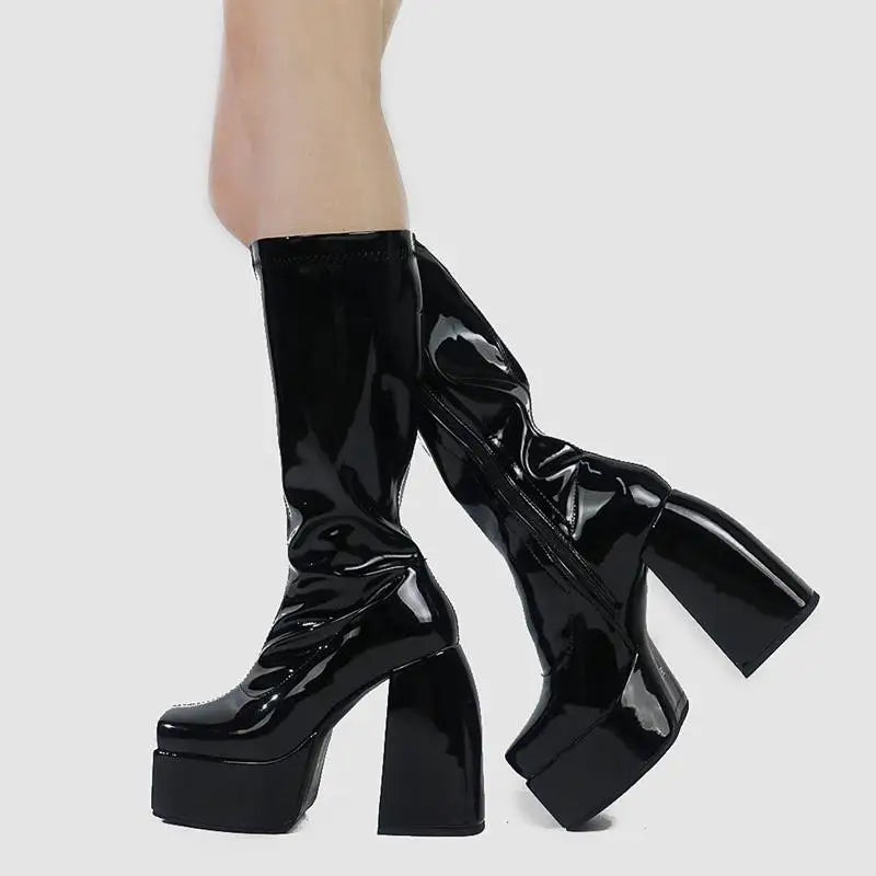 Elastic Microfiber Shoes Ankle Boots Autumn Snow Boots High Heel Thick Platform Mid-Calf Boots Black