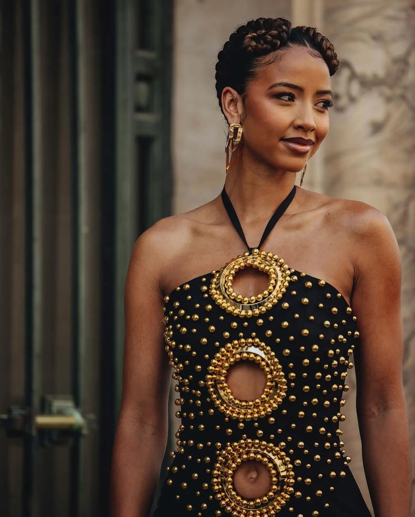 Black Color Women Sexy Halter Off the Shoulder Golden Beading Bodycon Bandage Long Dress Evening Party Celebrate Outfit black