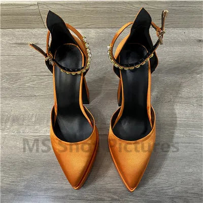 Luxury Women High Heel Shoes Platform Sandals Pointed Toe Woman Silk Pumps Sexy Rhinestone Buckle Chunky Heel Wedding Shoes 2024 orange