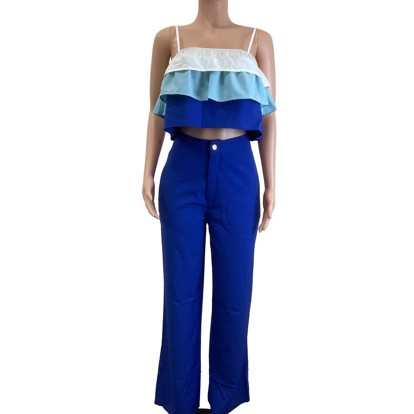 Fashion Party Women's Set Patchwork Cascading Ruffles Strap Crop Top and Wide Leg Suit 2025 Chic Two 2 Piece Sets Outfit