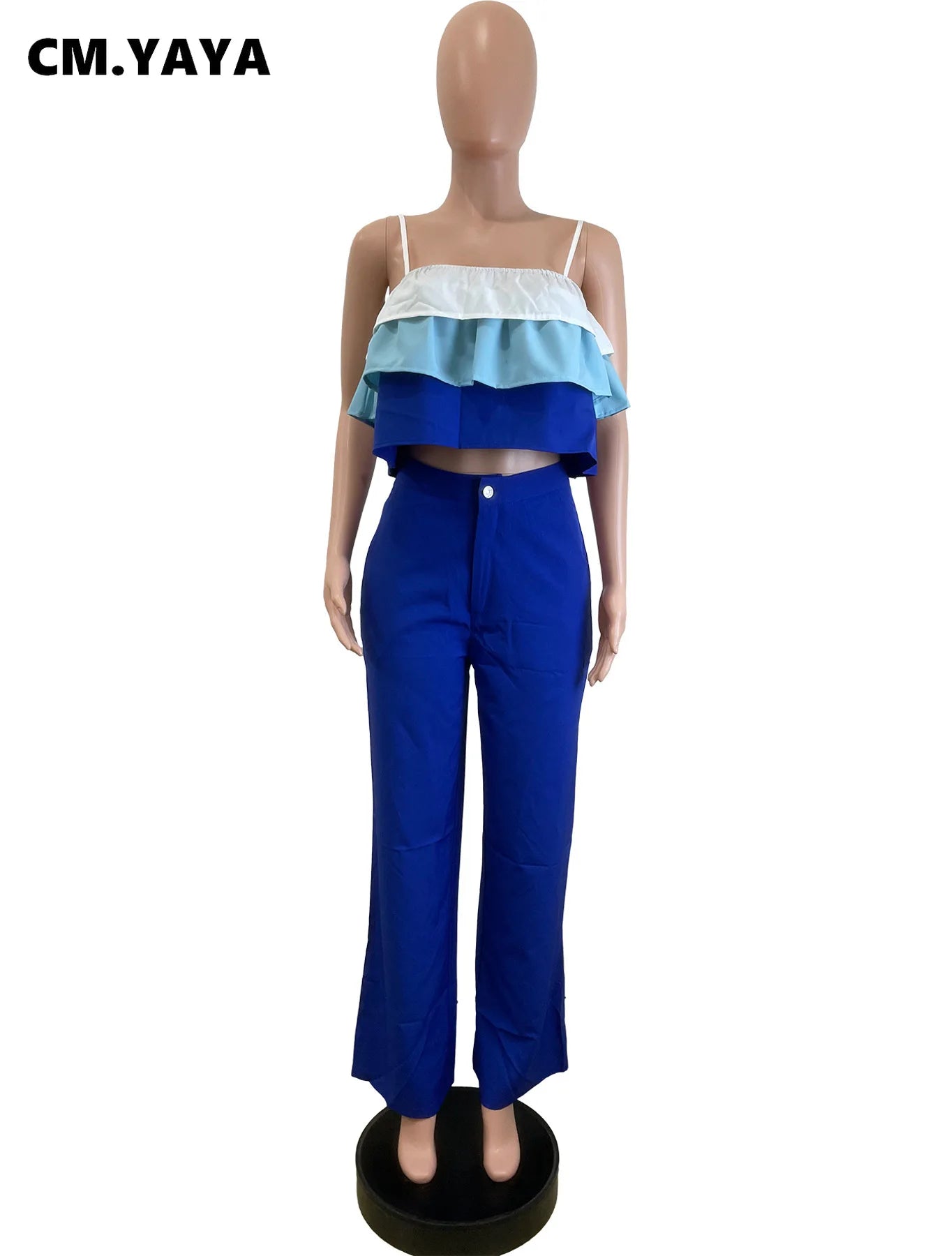 Fashion Party Women's Set Patchwork Cascading Ruffles Strap Crop Top and Wide Leg Suit 2025 Chic Two 2 Piece Sets Outfit