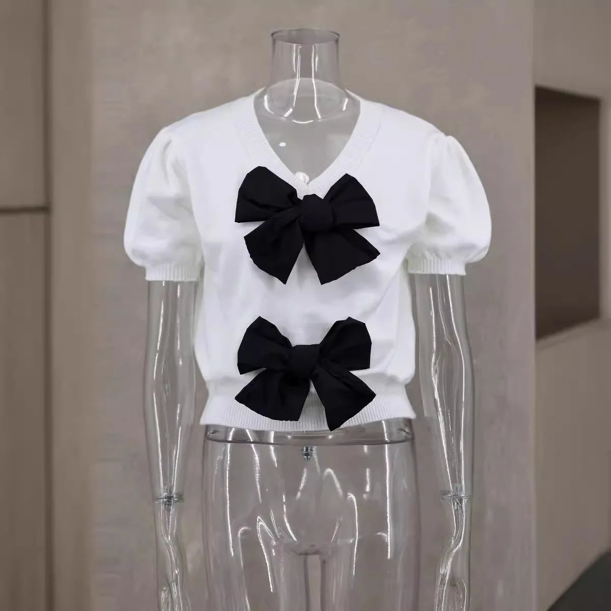 Spring Summer Women Knitted Pullover Sweater Bow Lace Up V-neck Short Puff Sleeve Crop Female Sweet Pink White Streetwear