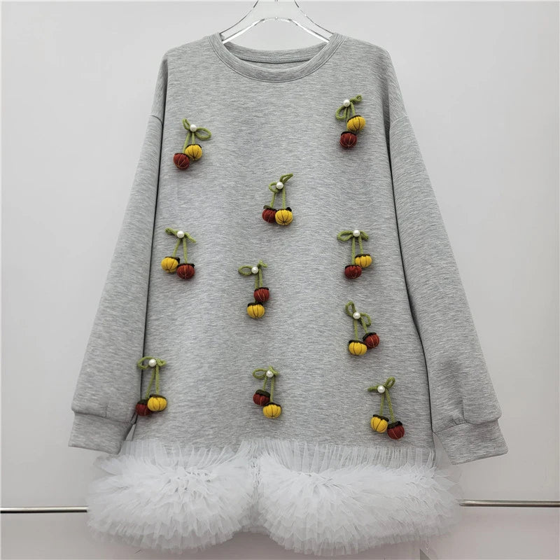 Autumn New Versatile Elegant Three-Dimensional Decorative Patchwork Puffy Mesh Long Sleeve Hoodie For Women 11A07702 Gray One Size