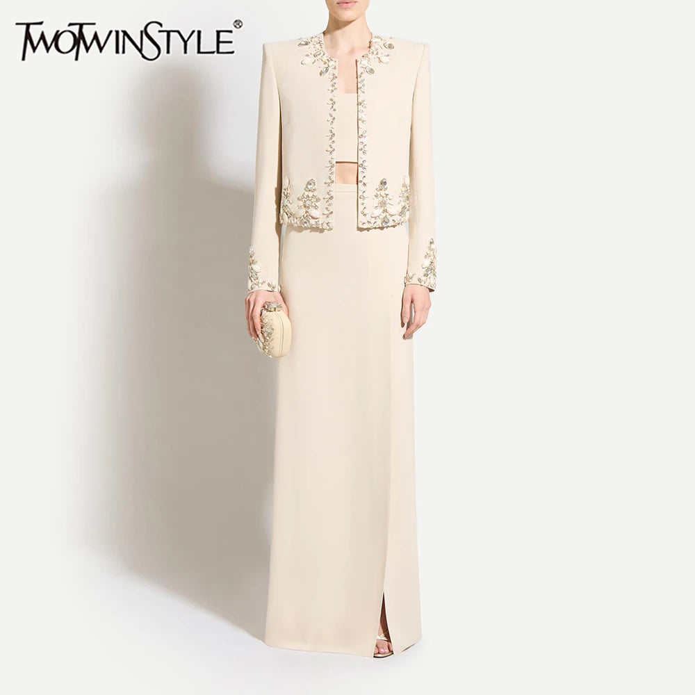 Solid Slimming Two Piece Sets for Women Round Neck Long Sleeves Patchwork Bead Top High Waist Split Skirt Female