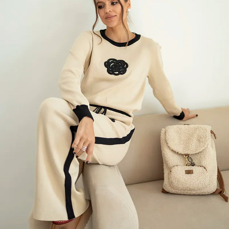 Two Piece Set Women Outfit Winter Outfit Embroidery Sweater Matching Sets Knit Tracksuit Casual Wear Set For Women Beige One Size