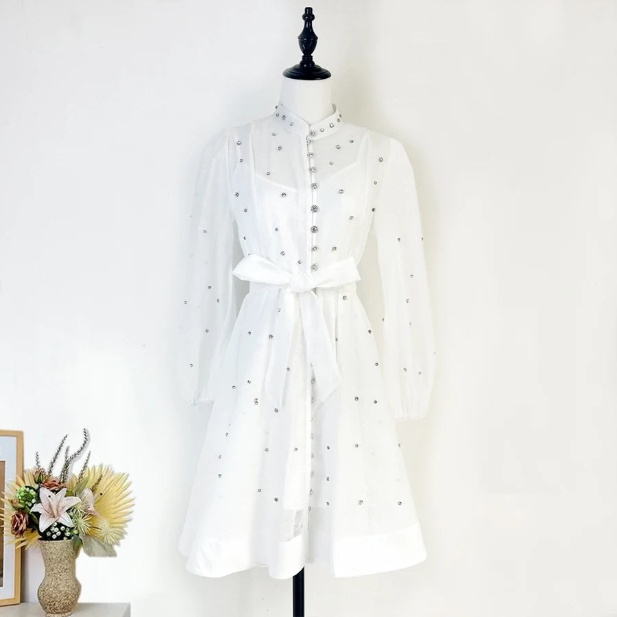 French Luxury Crystal Beaded Wedding Prom Mesh Dress Women Stand Long Lantern Sleeve Diamond Buttons Belt Lace Up Mini Vestidos white
