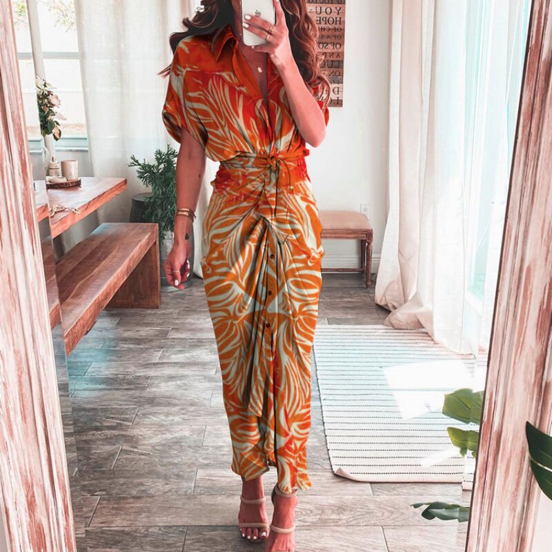 Women Sexy Bandage Shirt Dress Vintage Printed V Neck Ruched Long Dress Female Elegant Button Short Sleeve Beach Maxi Dress Robe