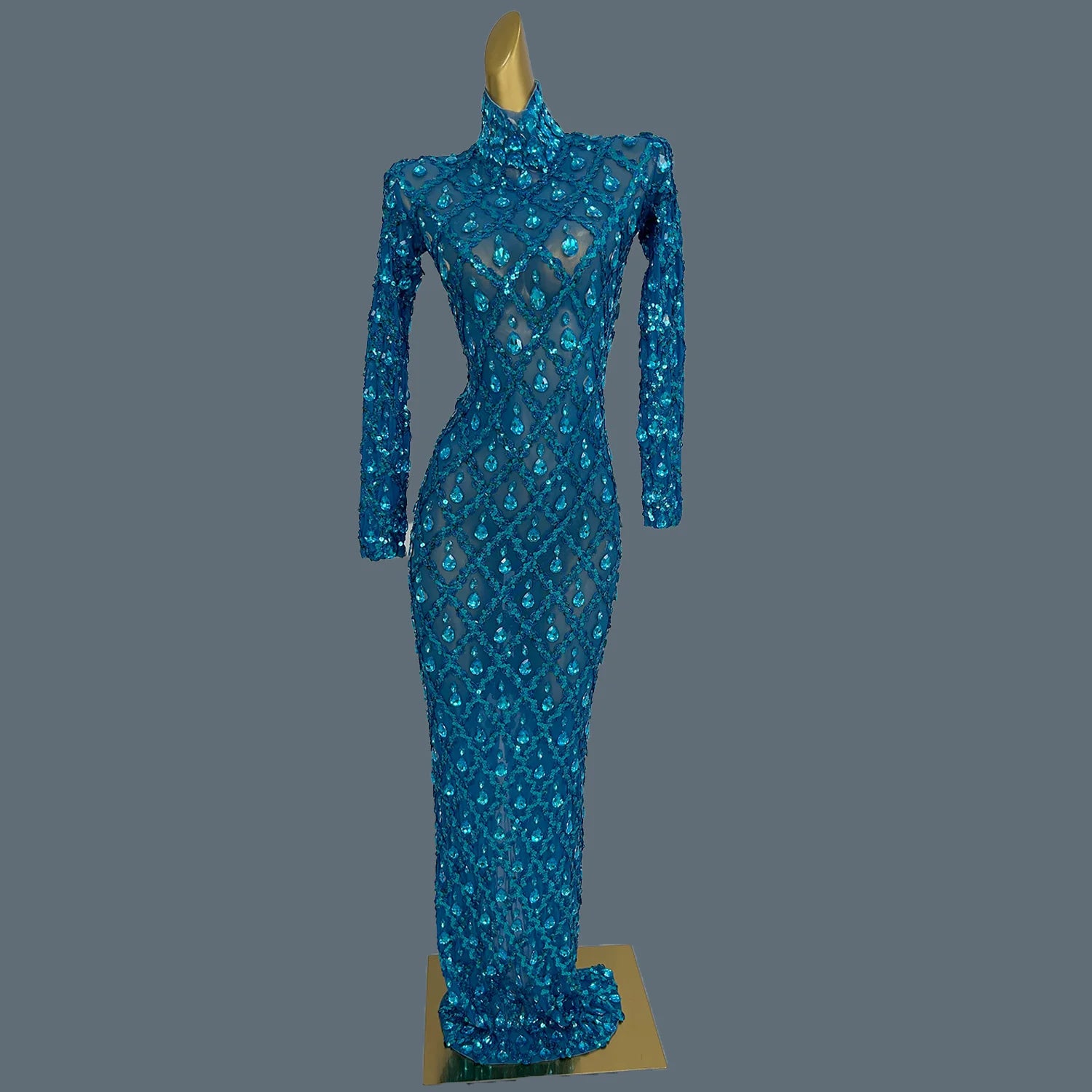 Sparkly Rhinestone Long Sleeved Mesh Dress Luxury Dinner Birthday Celebrate Prom Elegant Sexy Women Skinny Ball Dress Shaokaojia Blue