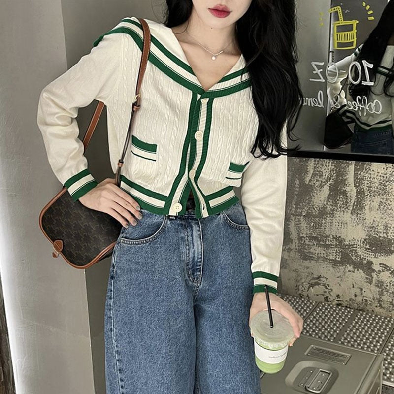 Sailor Collar Two Piece Set for Women Knitted Cardigan + Pant Sets Long Sleeve Korean Outfit Tracksuit 2024 New Knit Autumn Suit