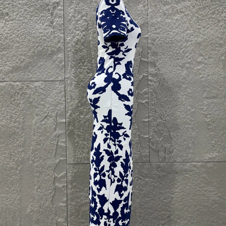 Top Quality Women Short Sleeve Sexy Blue Jacquard Bodycon Long Bandage Dress Elegant Evening Party Occation Office Wear