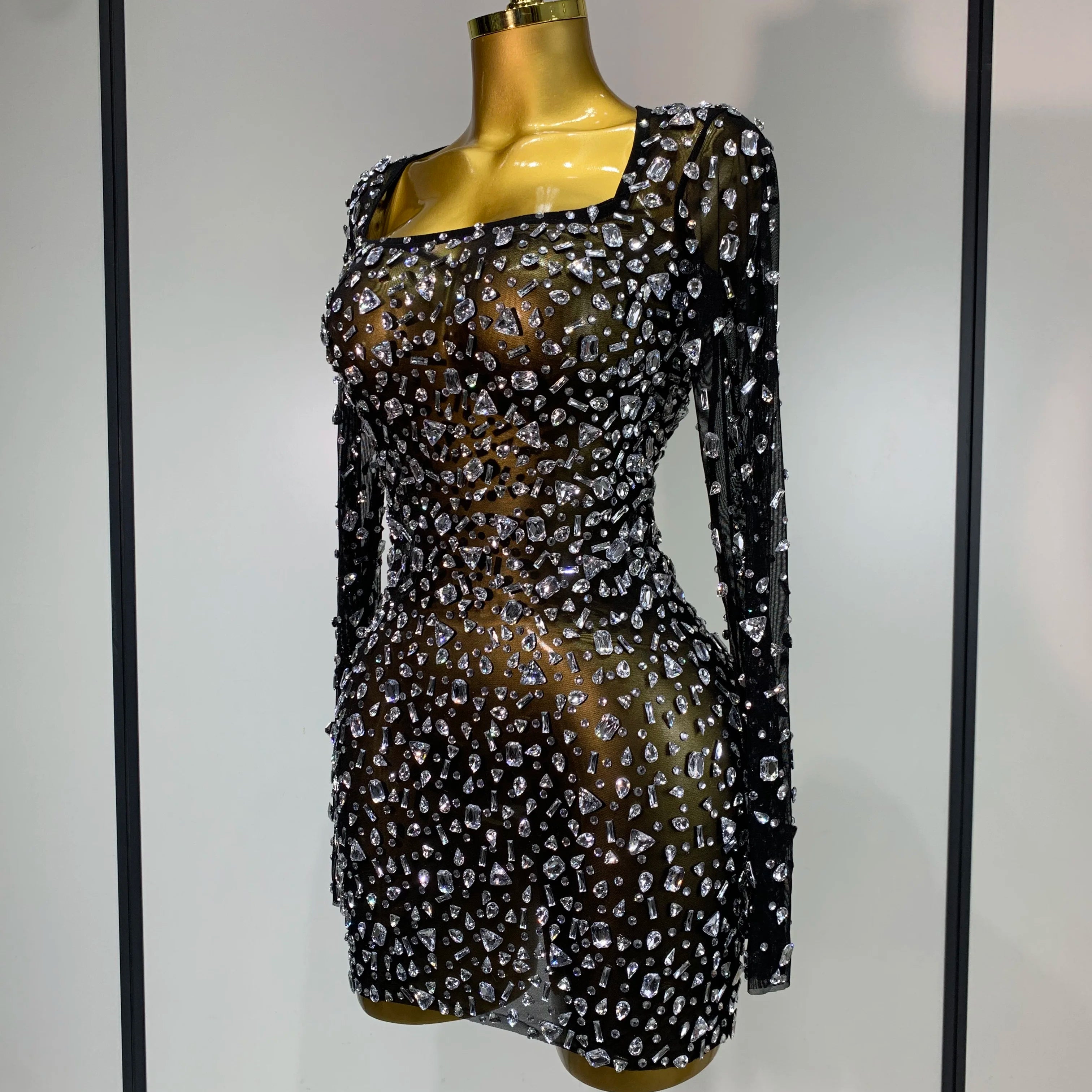 Sparkly Rhinestone Sexy Transparent Mini Dress Celebrity Evening Party Prom Birthday Photo Shoot Nightclub Stage Costume