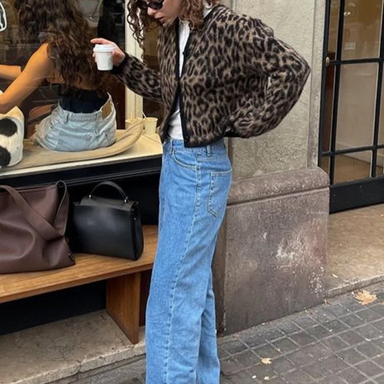 Vintage Leopard Print Mohair Women Cardigans Knitted O-neck Single Breasted Short Sweater Autumn Lady Casual Streetwear New