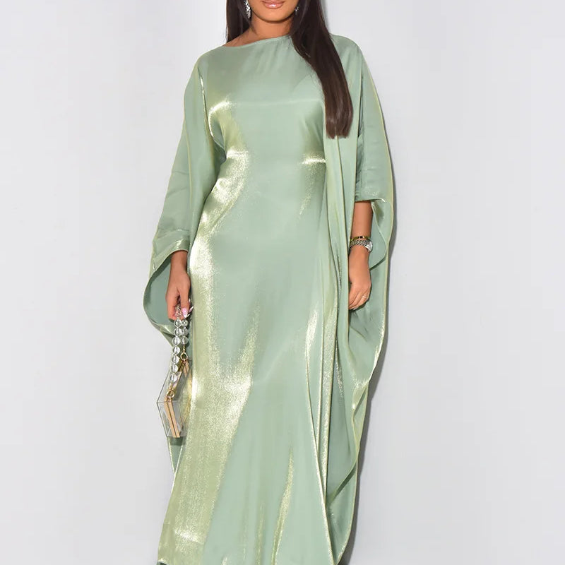 Women Loose O-neck Full Batwing Sleeve Long Maxi Dress Summer Satin Vintage Africa Streetwear Vestido Evening Dresses Light Green One Size