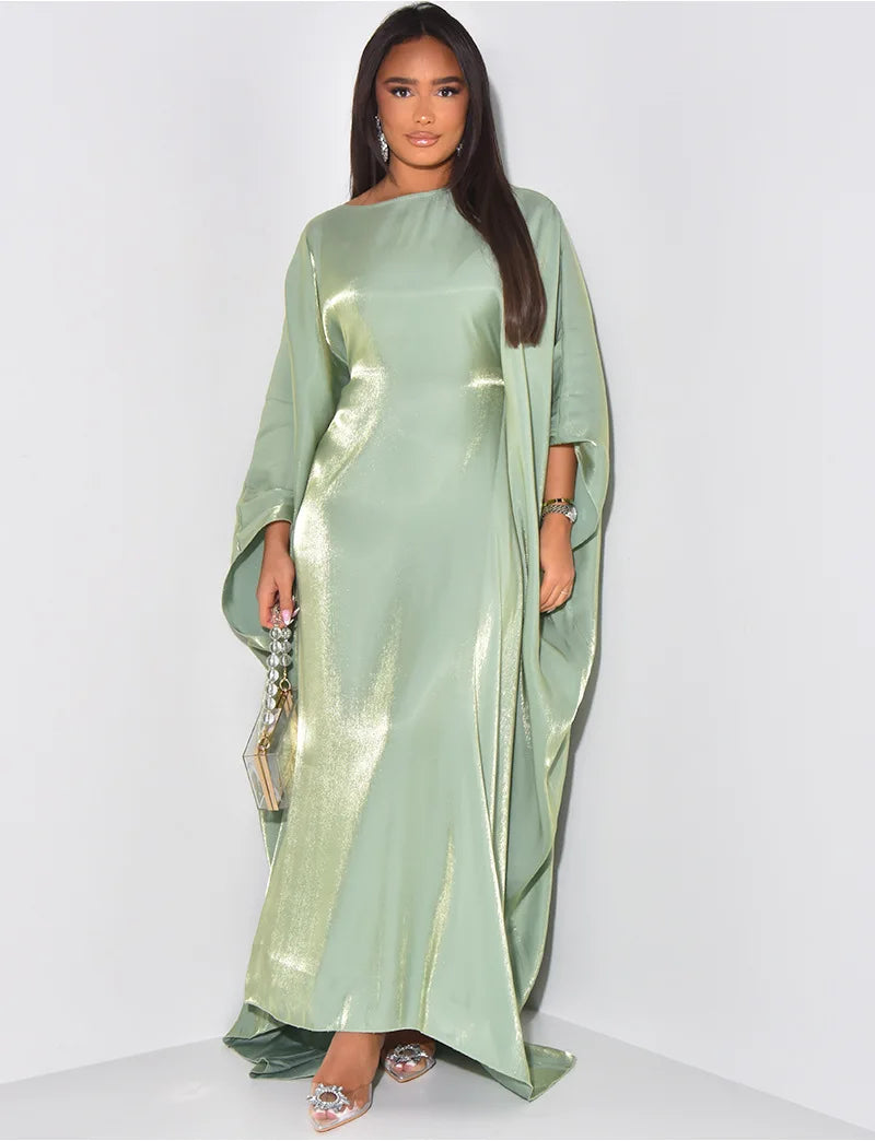 Women Loose O-neck Full Batwing Sleeve Long Maxi Dress Summer Satin Vintage Africa Streetwear Vestido Evening Dresses Light Green One Size