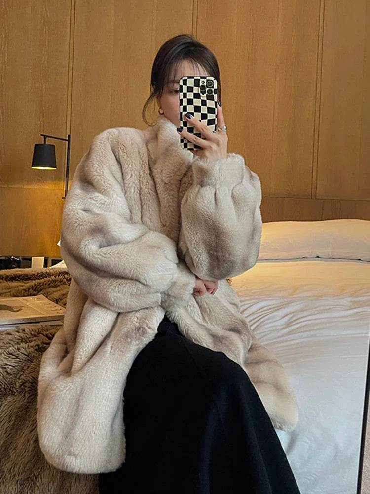Winter Thick Warm Faux Mink Fur Coat Women Stand Collar Elegant Chic Luxury Designer Clothes Runway Fluffy Jacket 2022 Beige