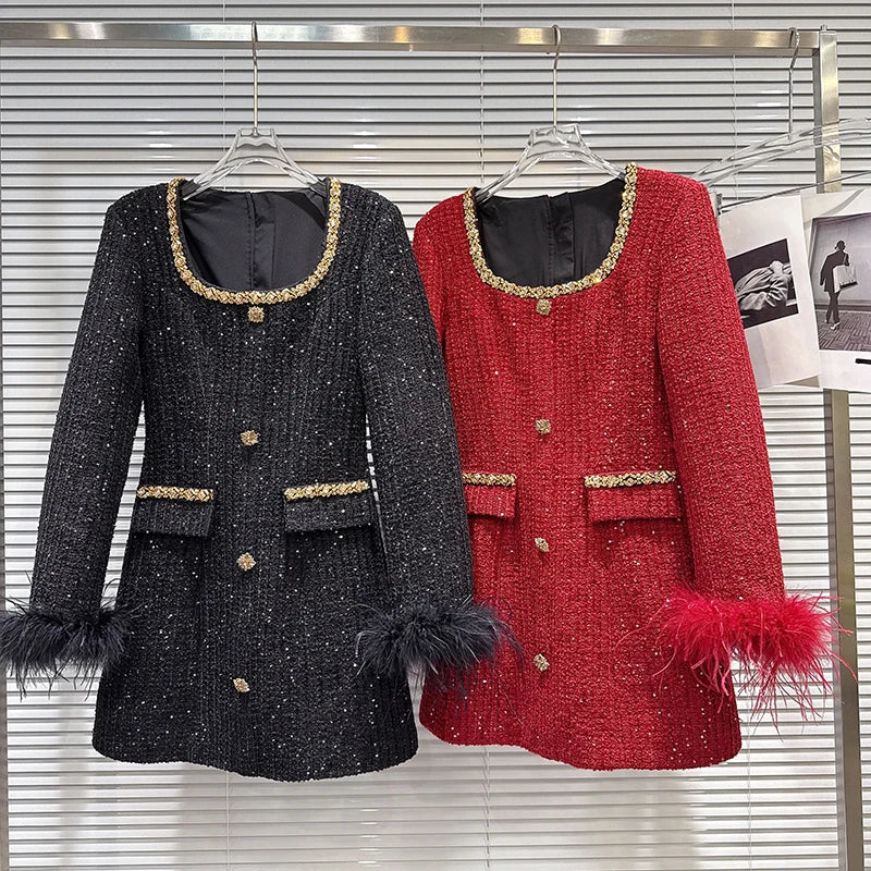 Winter New Fashion High-End Gold Rhinestone Beaded Edge Waist-Cinching Tweed Dress For Women Elegant Dresses 11A07688