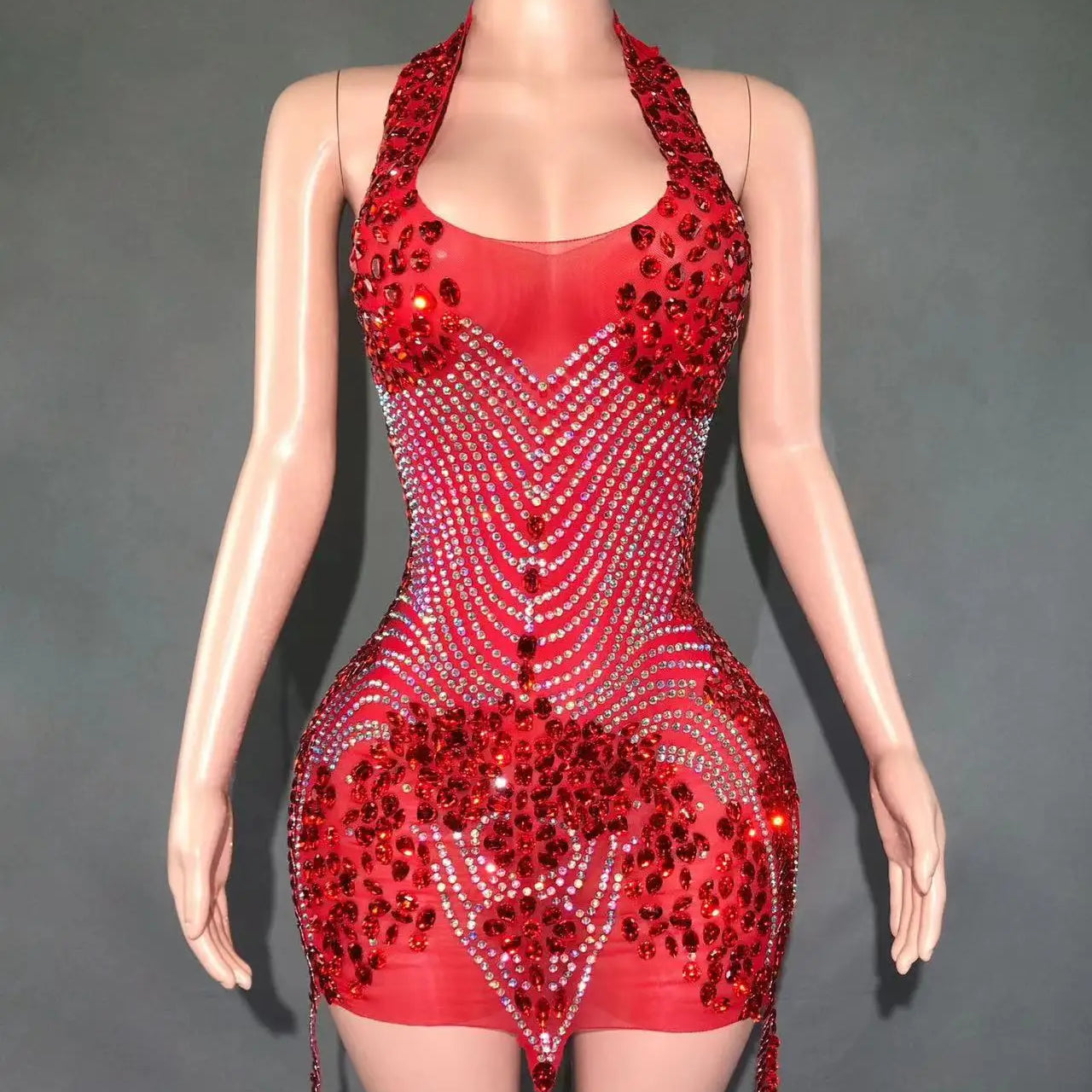 Sparkly Rhinestones Evening Prom Celebrate Birthday Dress Sexy Halter Backless Mesh Velvet Short Dress Performance Stage Wear Red