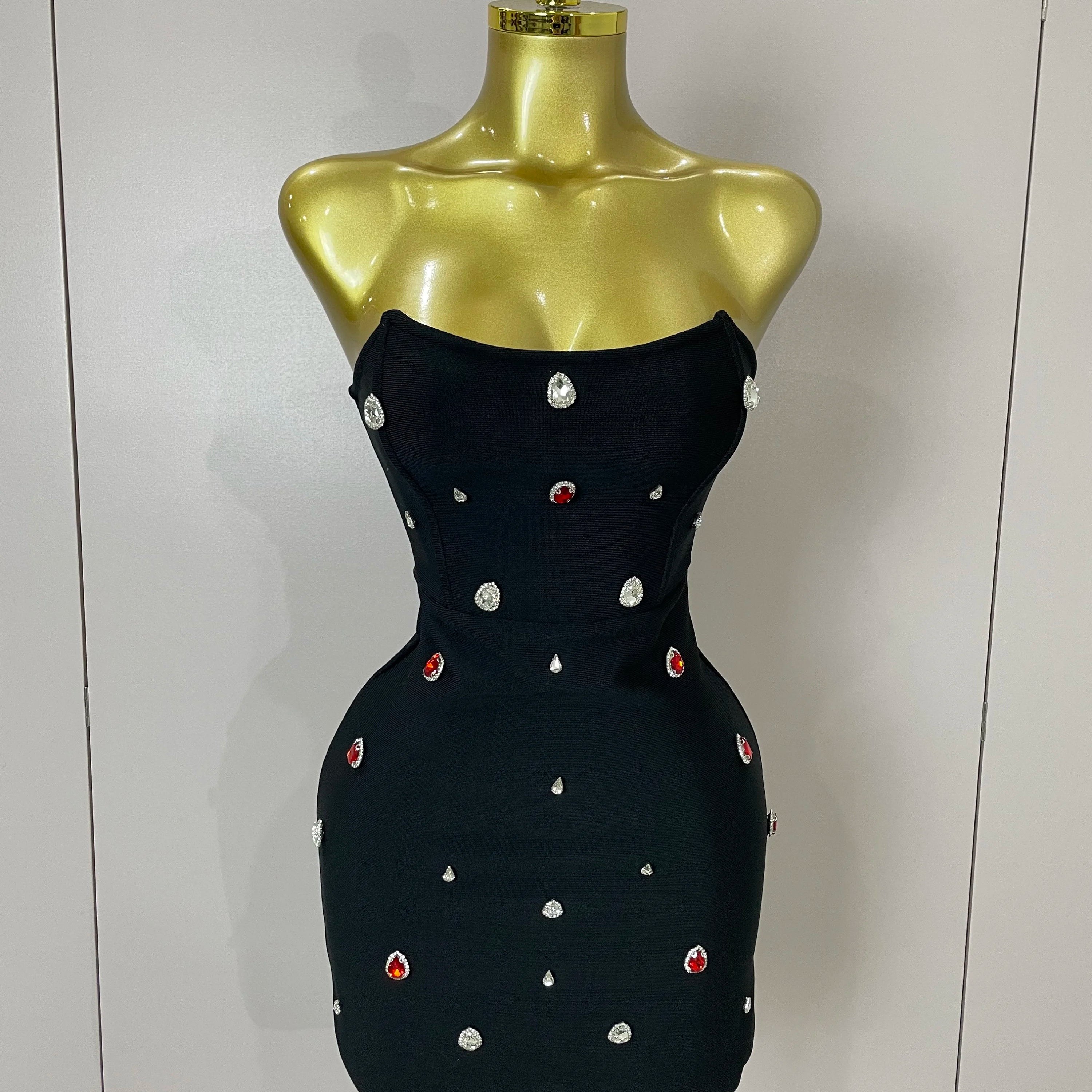 Sexy Strapless Colorful Crystal Bodycon Mini Bandage Dress 2025 Women New Elegant Party Celebrate Luxury Birthday Dress black