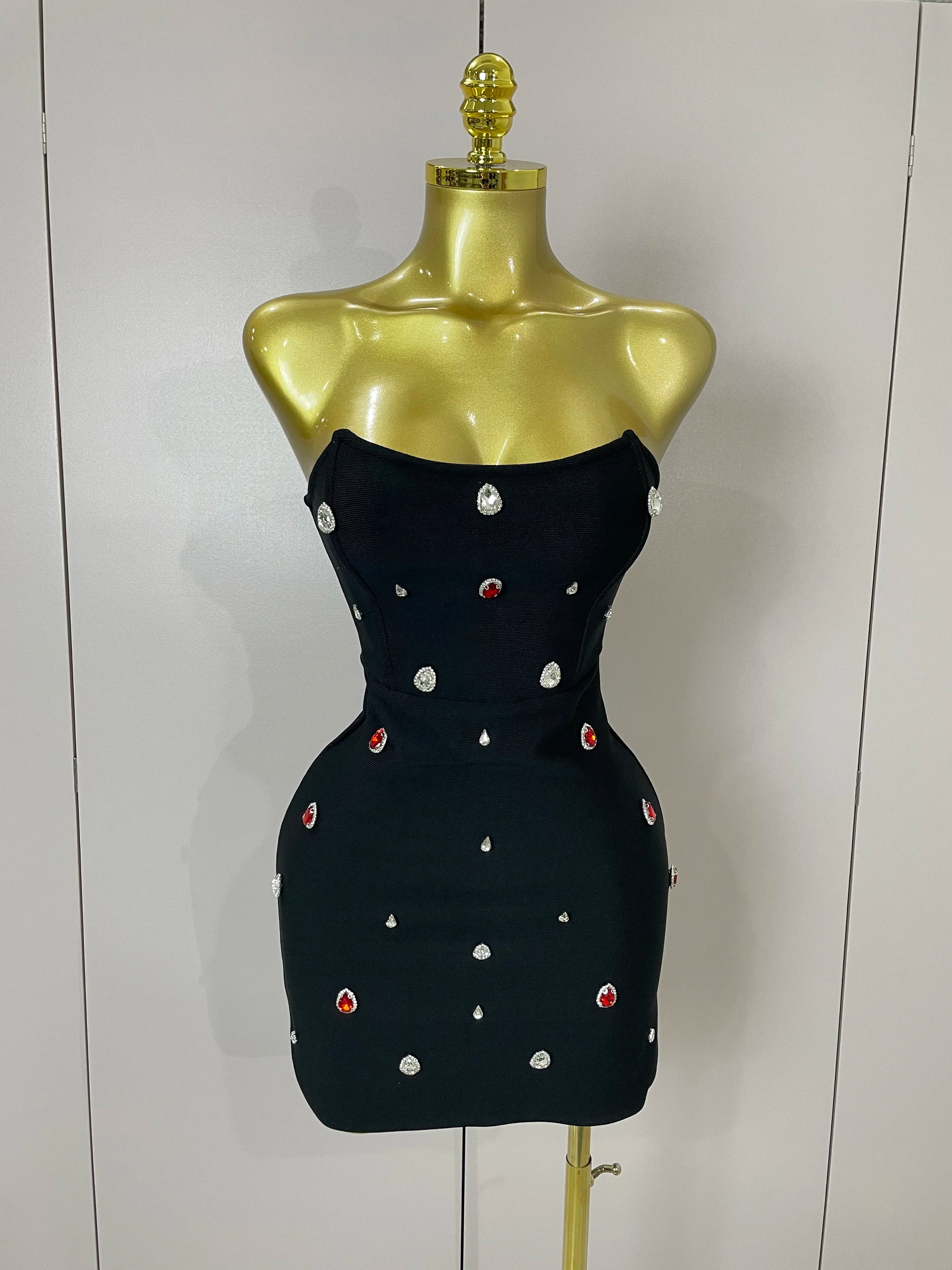 Sexy Strapless Colorful Crystal Bodycon Mini Bandage Dress 2025 Women New Elegant Party Celebrate Luxury Birthday Dress black